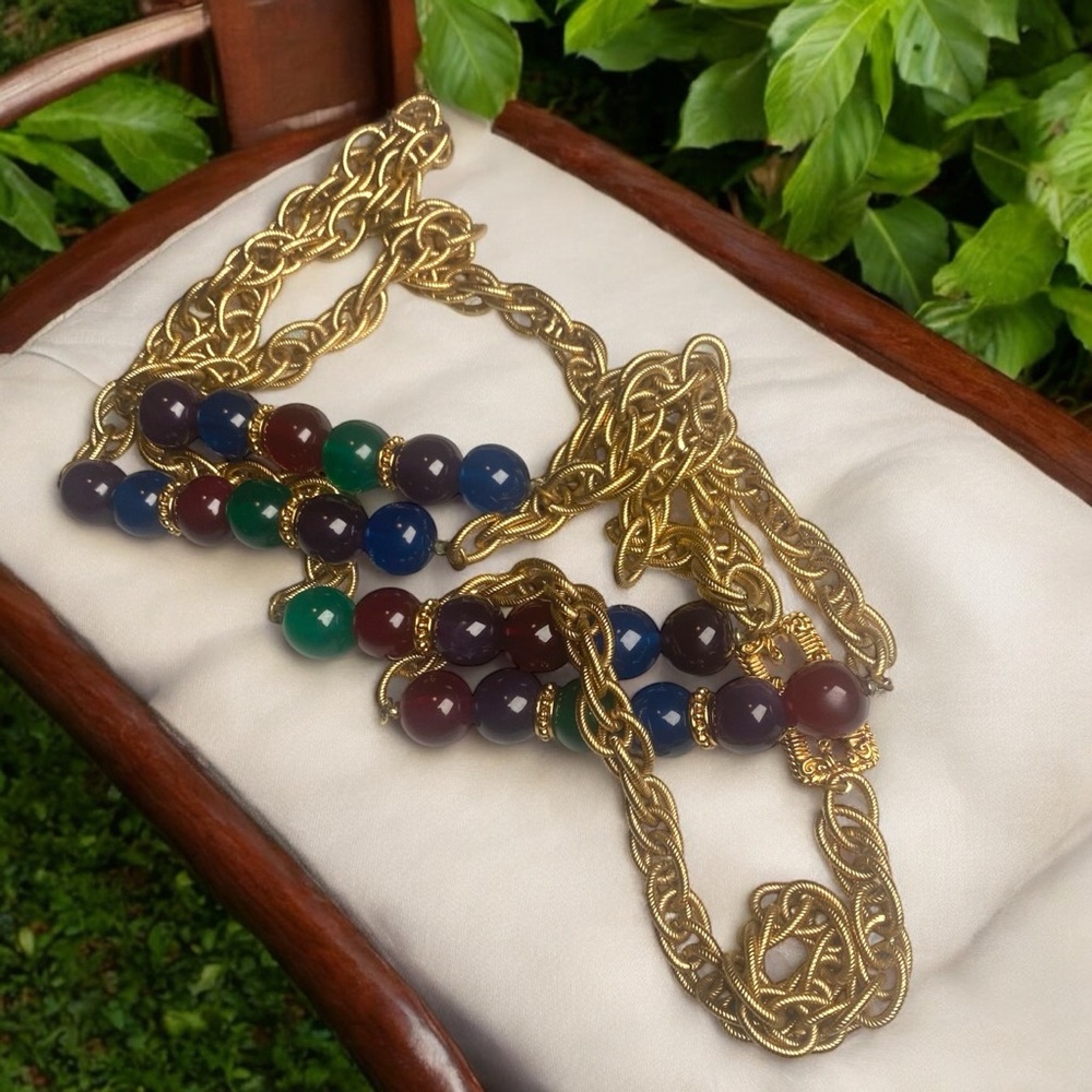 80’s Givenchy Gold Plate Fancy Link Poured Glass Sautoir Necklace